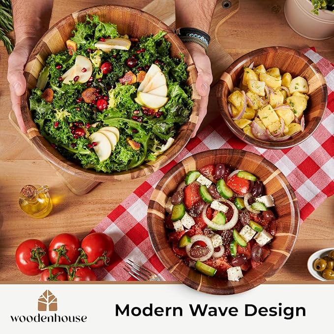 Wooden Salad Bowl Set of 3, Wavy 12" 10" 8" Wood Serving & Mixing Bowls | Handmade and durable with a stylish natural grain; nesting large, medium and small sizes; great for food, fruit and gifts