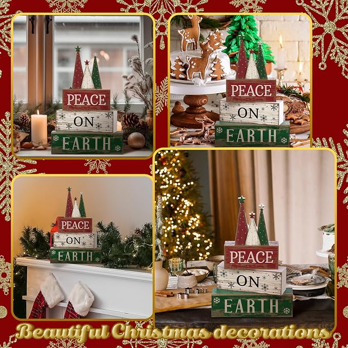 Lineshading 4 Pcs Christmas Table Decoration Wooden Christmas Tree Signs | Stackable Wooden Signs with Tree Topper for Tiered Tray, Rustic Tabletop Mantel Decor, Farmhouse Holiday Gift Accent