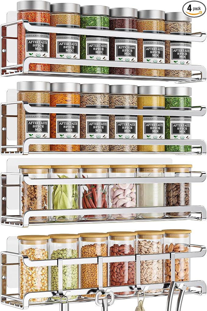 Bunoxea Spice Rack Wall Mounted 4 Pack, Chrome,For Spice Jars & Seasonings | 4 Removalble Hooks,Screw or Adhesive Hanging, Space-Saving,For Kitchen Cabinet, Pantry Door,Stove,RV Use,11.41x2.75x2.75in