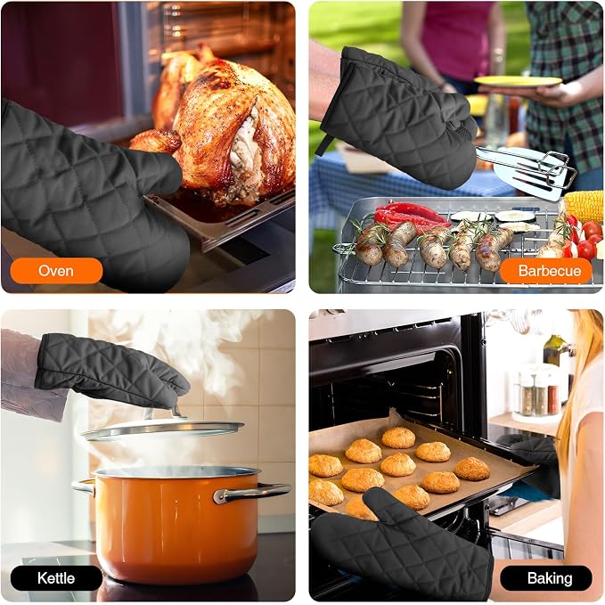 Silicone Oven Mitts, Heat Resistant 2PCS Oven Mitts with Soft Cotton Lining, Waterproof Non-Slip Grip Oven Glove, Kitchen Potholder Mits for BBQ, Baking, Cooking, 10.5Inch - Dark Black