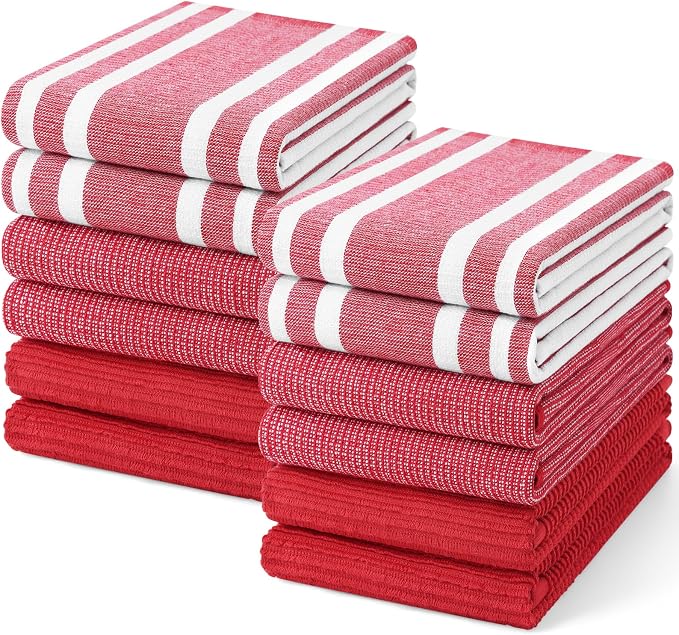 Homaxy Cotton 380 GSM Premium Kitchen Towels, 18"x 28", 12 Pack, Red | Soft and Absorbent Terry Dish Towels, Multipurpose Tea Towel Set with Hanging Loop, 3 Styles Kitchen Hand Towels