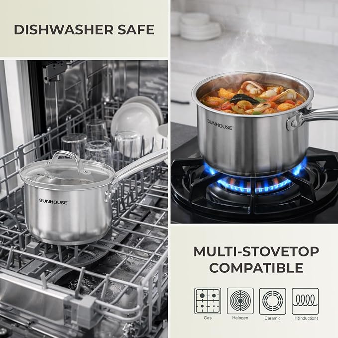 SUNHOUSE 2 QT Stainless Steel Saucepan with Lid, 3-Ply Small Sauce Pot | 18/10 Stainless Steel Pot For Cooking - Induction Compatible Milk Pan - PFOA Free, Oven & Dishwasher Safe Sauce Pan