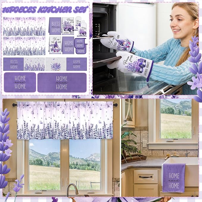 16 Pcs Lavender Kitchen Decor Set 4 Purple Kitchen Towels 4 Lavender Placemats 2 Non Slip Rugs and Mats for Floor 2 Spring Oven Mitts Gloves 2 Pot Holders 2 Floral Curtains for Home Decoration Gift