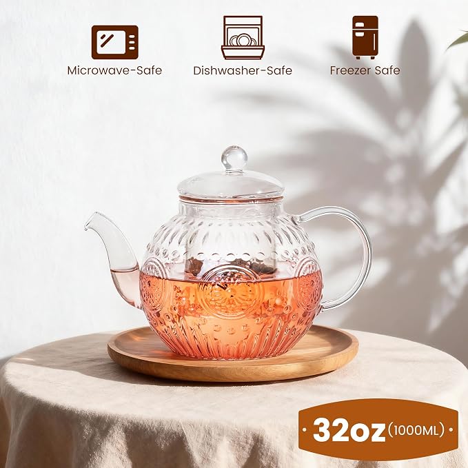 Bandesun Vintage Glass Teapot Set with 4 Cup, 32oz Borosilicate Tea Pot with Removable Infusers for Blooming and Loose Leaf Tea, Tea Warmer with Candlelight, Stovetop Safe, Gift for Women and Adults