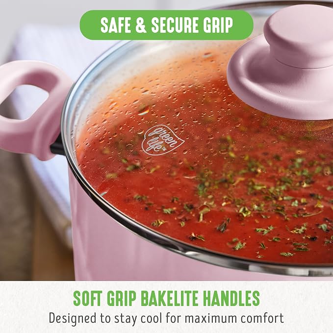 GreenLife 6QT Ceramic Nonstick Stockpot with Glass Straining Lid, Pink | PFAS-Free Ceramic Nonstick Coating, Large Cooking Pot, Soup Pan, Stay-Cool Handles, Dishwasher & Oven Safe up to 350F