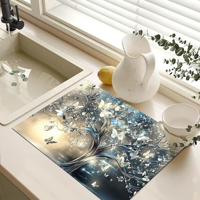 HOMETITUTE Silver Butterfly Tree Stove Top Cover 28x20 Diatomite Decor Mat