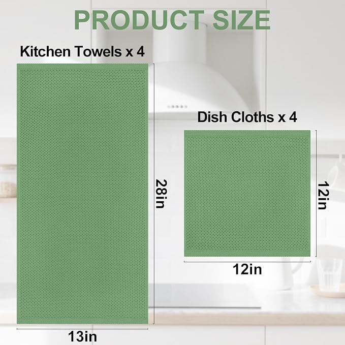 Homaxy 8 Pack 100% Cotton Kitchen Towels and Dishcloths Set, Grass Green | 12 x 12 Inches and 13 x 28 Inches Kitchen Towels Set, Ultra Soft Absorbent Dish Cloths for Washing Dishes