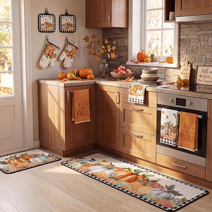 Fanfanwin 10 Pcs Fall Pumpkin Kitchen Decor Set Kitchen Towels Pot Holders Oven Mitts and Rugs Set Pumpkin Flower Decorations for Baking Cooking BBQ Autumn Home Housewarming Gifts