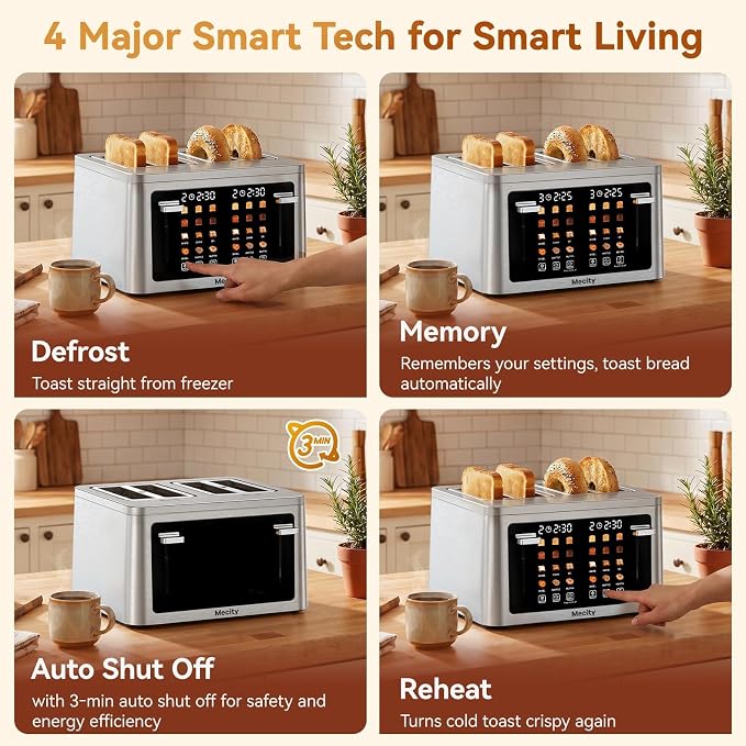 Mecity 4 Slice Touchscreen Toaster, 6 Bread Modes & 6 Browning Levels, Dual Touch Control Wide Slot Stainless Steel Electric Toaster with Memory, Defrost, 3-Min Auto Shutoff for White, Bagels, Waffles