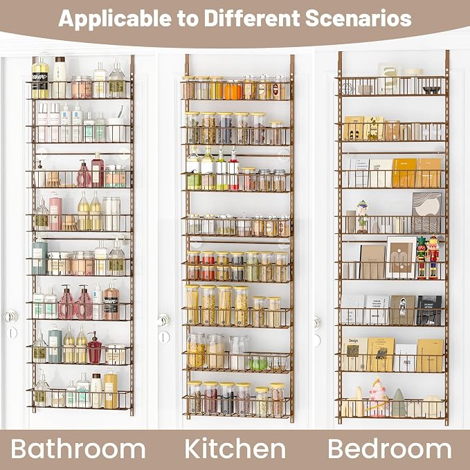 ElegantArray 8-Tier Pantry Door Organizer, Brown | Over The Door Pantry Organizer Rack and Storage, Hanging Spice Rack Shelves Door, Home Office Laundry Room Bathroom & Kitchen