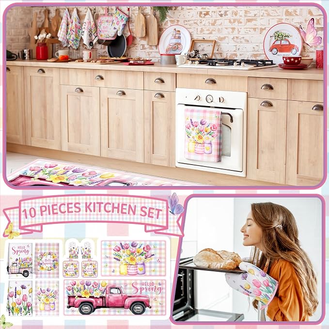 Fourluoo 10 Pcs Spring Flower Farmhouse Kitchen Decor Set Dish Towels Kitchen Rugs Oven Mitts and Pot Holders Set for Cooking Baking Grilling Women Mom Daughter Gift(Vibrant Color)