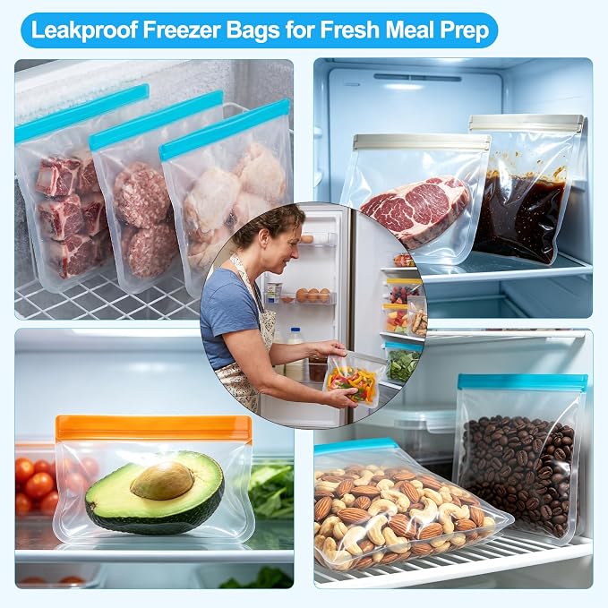 10 Pack DualSeal Reusable Snack & Sandwich Bags, Dishwasher Safe BPA Free | Reusable Freezer Bags, Reusable Gallon Bags for food Marinating, Lunch, Meal Prep, 3 Gallon 4 Sandwich 3 Snack