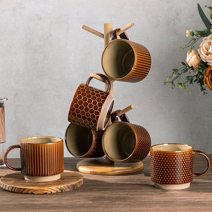 GBhome 12 OZ Stackable Coffee Mugs Set of 6, Ceramic Coffee Cups Set | 3 Assorted Designs, Embossed Mugs with Texture Patterns for Tea/Coffee, Dishwasher&Microwave Safe, Caramel