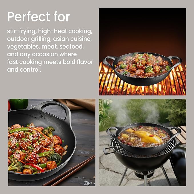 Bakken Pre-Seasoned Cast Iron Wok with Wooden Lid, 14" Stir Fry Pan for Gas, Electric, Induction & Open Fir, Heavy-Duty Flat Bottom Wok with Dual Handles for Even Heating & High-Heat Cooking, 8.8 lbs