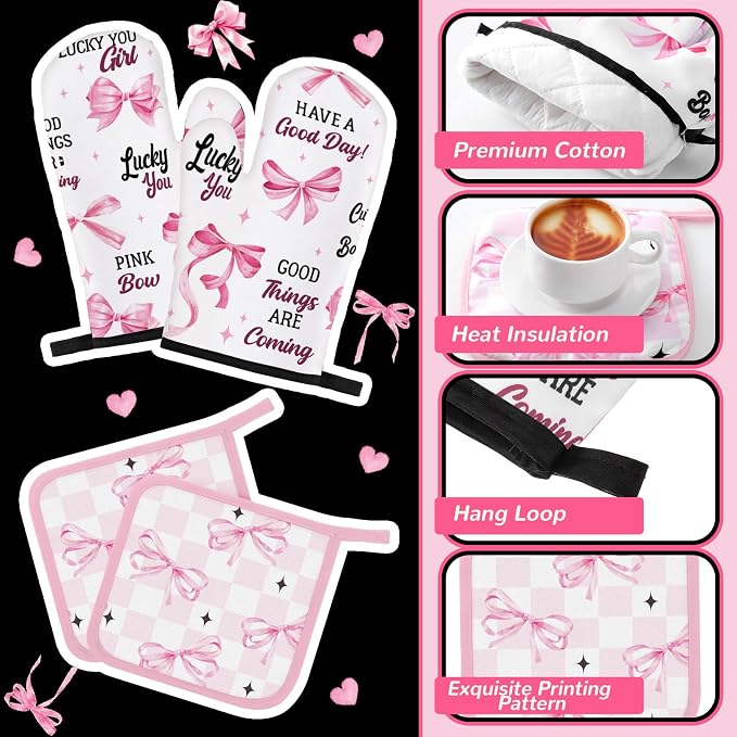 Fourluoo 10 Pcs Bow Kitchen Dish Towels Rugs Oven Mitts and Pot Holders Set Farmhouse Kitchen Decor Set for Women Mom Daughter Gift Cooking Baking Grilling(Black, Pink)