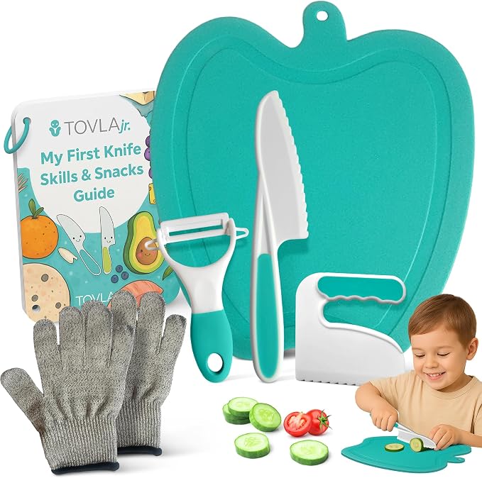 Toddler First Knife and Cutting Board | Safe Skills | Ages 3-8 | Montessori Toddler Cutting Set | Chopper Safety Gloves Peeler | Visual Recipe Book Step by Step Photos | First Chef Gift