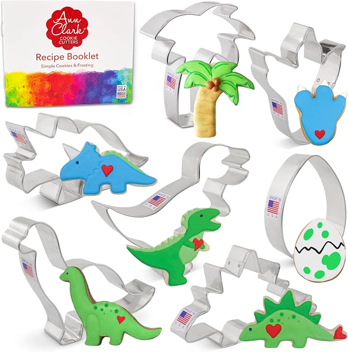Ann Clark Dinosaur Cookie Cutter Set of 7, Made in USA | Includes: T-Rex, Stegosaurus, Triceratops, Dino Foot, & More, America's Largest Cookie Cutter Maker, Food-Safe American Steel