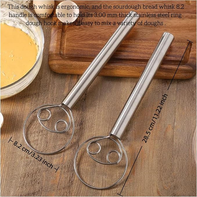 Danish Dough Whisk, 11.2 inch Stainless Steel Dough Hook Dutch Whisk for Bread Sourdough Mixer Hand Kitchen Whisking Mixing Tool
