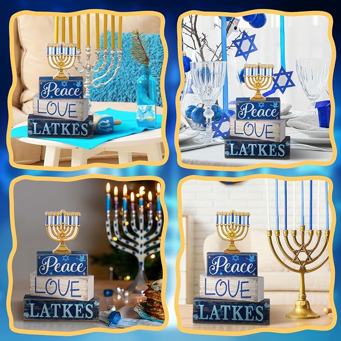 Lineshading 4 Pcs Hanukkah Decorations for Home Wooden Menorah Decor | Chanukah Table Decor, Hanukkah Centerpiece, Rustic Menorah Block Signs Jewish New Year Decoration for Home Tiered Tray Decor
