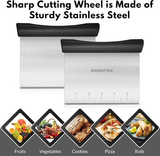 Rainspire Bench Scraper, Stainless Steel Dough Scraper, Pastry Scraper, Pizza and Dough Cutter Multi-Purpose Scraper/Chopper, Pizza Cutter Food Chopper Baking Supplies Kitchen Gadgets, Black | Dishwasher Safe Measurement Marks Non-slip Comfortable Hand...
