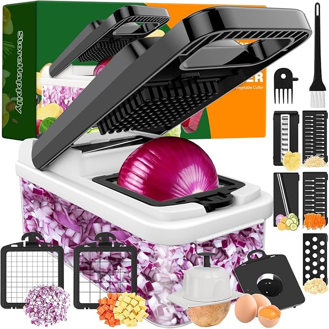 12-in-1 Vegetable Chopper 7 Blades, Veggie Cutter with Handle, Black/White | Stainless Steel Blades, Food Container and Lid, Dicer, Slicer, Julienne, Egg Separator, Non-slip Base, Include Cleaning Tools