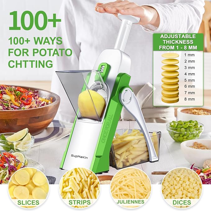 SupMaKin Upgrade Safe Mandoline Slicer, Vegetable Chopper, Potato Slicer 4 Modes Adjustable Thickness Food Cutter, Kitchen Chopping Artifact (6 in 1 Green) | 4 Modes Slice, Strips,Julienne Dicer,Vegetables Slicer Fry Food Cutter,Stainless Steel Blades,...