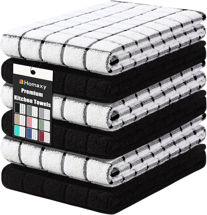 Homaxy Large Premium Cotton Kitchen Towels 16"x 28", 6 Pack, Black | Natural Ring Spun 390 GSM Dish Towels, Super Absorbent Terry Kitchen Hand Towels, Soft Tea Towels with Hanging Loop