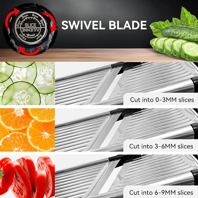 Mandoline Slicer, Adjustable Stainless Steel Slicer, Food Holder and Gloves | Adjustable stainless steel blade slices potato, onion and tomato with food holder and safety gloves for safer daily meal prep