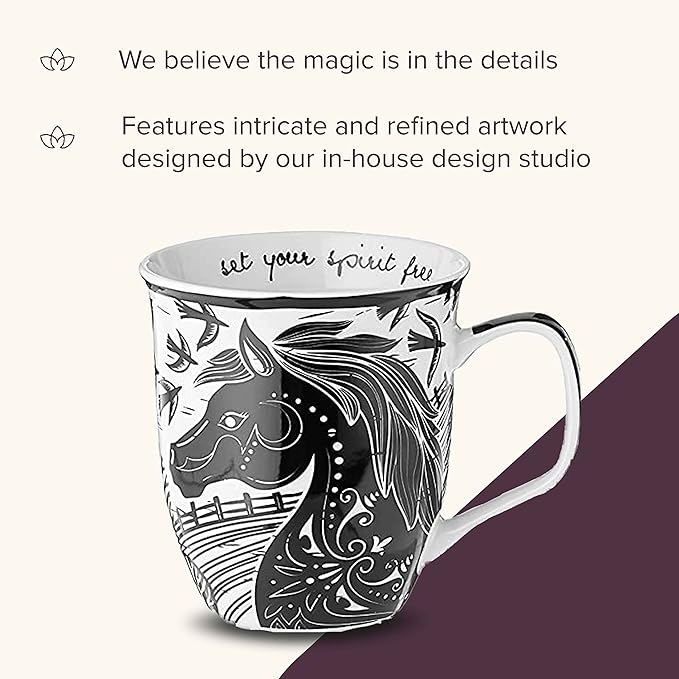 Karma Gifts 14 oz Black and White Boho Mug Horse - Cute Coffee and Tea Mug - Ceramic Coffee Mugs for Women and Men
