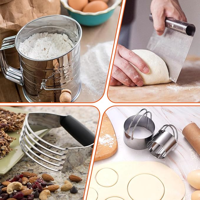 9PCS Stainless Steel Pastry Blender Set, 3 Cup Flour Sifter, Biscuit Cutter, Pastry Cutter, Dough Cutter, Silicone Baking Mats, for Cooking Cookies and Donuts, Cakes, Biscuits or Making Pancakes