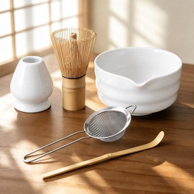 Matcha Whisk Set with Classic White Ceramic Bowl - Complete Matcha Making Kit, Bamboo Whisk (Chasen), Matcha Powder Sifter, Scoop, Whisk Holder, Japanese Tea Ceremony Tools