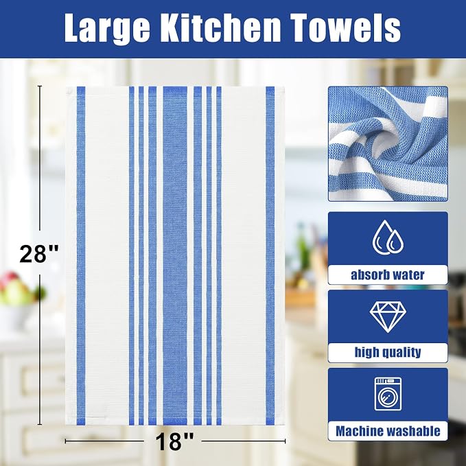 Homaxy Premium Cotton Stripe Kitchen Towels 8 Pack, 18"x 28", Blueberry | Large 380 GSM Kitchen Hand Towels, Soft Terry Dish Towels, Highly Absorbent Tea Towel Set with Hanging Loop