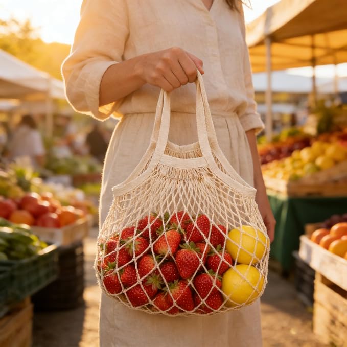 2 Pack Reusable Mesh Produce Bags with Cotton String Handles | Washable Breathable Eco-Friendly Grocery Storage for Fruits & Vegetables