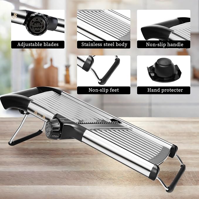 Adjustable Mandoline Slicer 5-in-1 Stainless Steel Vegetable Cutter with Ultra Sharp Blades, Julienne Slicer & Shredder for Potato, Onion