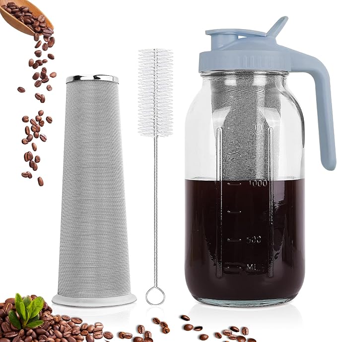 Cold Brew Coffee Maker, 64 oz Mason Jar Pitcher with Stainless Steel Filter, Pour Spout Handle Lid, Heavy Duty Glass Airtight & Leak-Proof for Iced Coffee,Tea & Lemonade