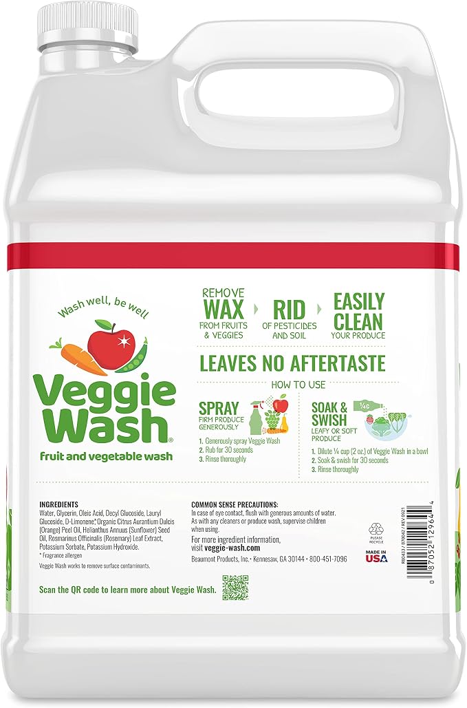 Veggie Wash Fruit and Vegetable Wash, Ideal for Cleaning Produce, 1 Gallon | Ideal for Cleaning Produce, Kosher, Vegan, Plant-Derived Ingredients, Unscented, No Parabens