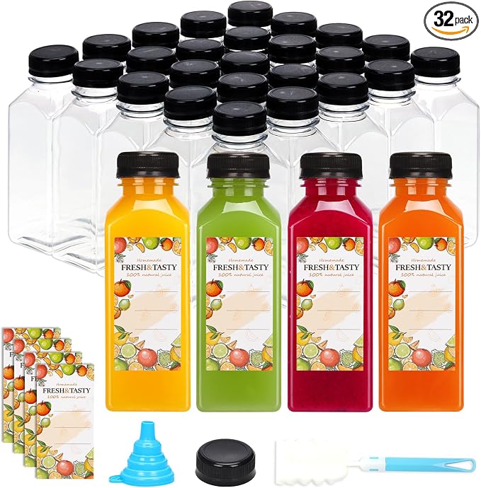32pcs 12oz Plastic Juice Bottles with Caps, Sticker Labels, Brush | Clear Reusable Juice Containers with Lids and Labels, Funnel, Brush, Beverage Containers for Juicing, Smoothies, Tea, Milk