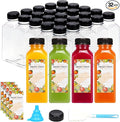 32pcs 12oz Plastic Juice Bottles with Caps, Sticker Labels, Brush | Clear Reusable Juice Containers with Lids and Labels, Funnel, Brush, Beverage Containers for Juicing, Smoothies, Tea, Milk