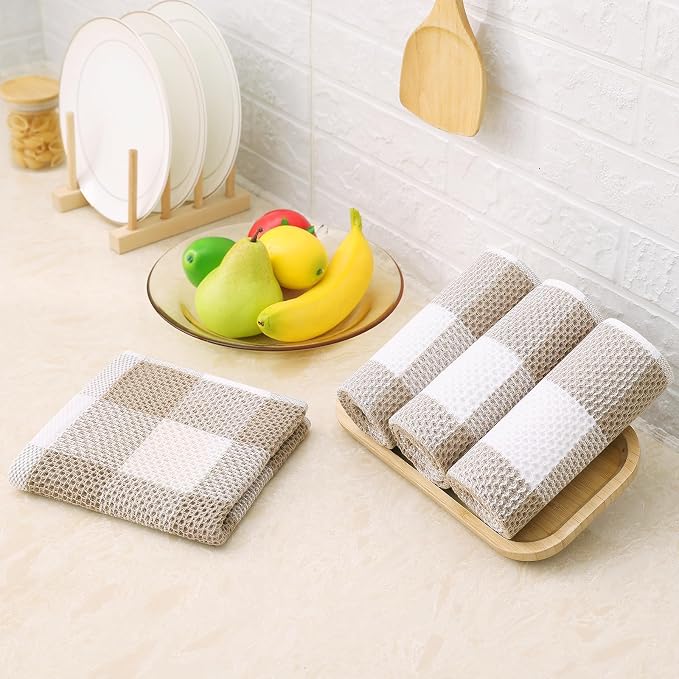 Homaxy Kitchen Towels and Dishcloths Set, Set of 12, White & Khaki | Bulk Cotton Waffle Weave Check Plaid Kitchen Towels, Super Soft and Absorbent Dish Cloths, 12 x 12 and 13 x 28 Inches