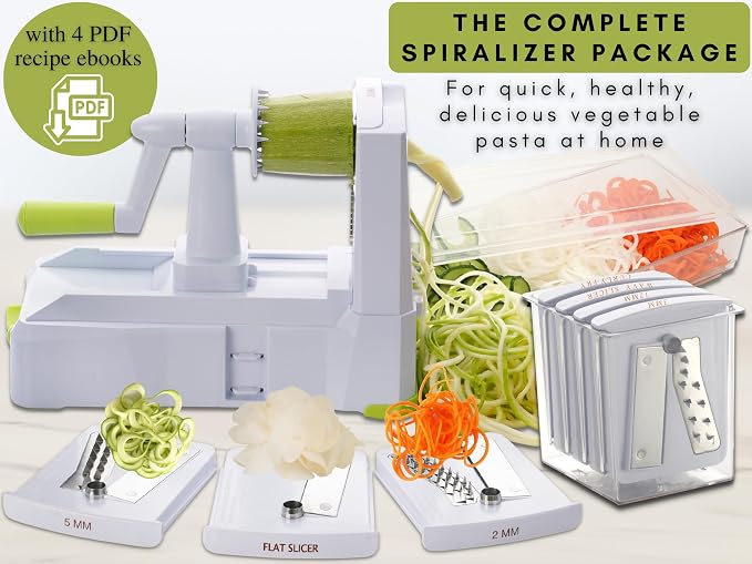 Brieftons 7-Blade Vegetable Spiralizer: Veggie Noodle Maker with Curly Fry & Crinkle Chip Blades, Catch Container, Keep-Fresh Lid, Blade Caddy, 4 eBooks | Low Carb, Vegan, Gluten-Free, Keto, Paleo