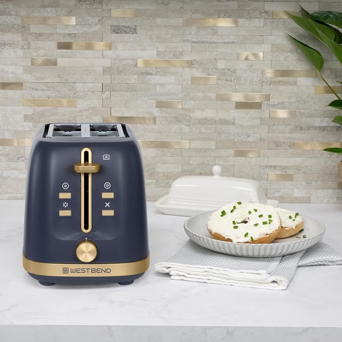 West Bend Timeless 2-Slice Toaster with 7 Browning Levels, Bagel/Waffle/Defrost Settings, High-Lift Lever, Anti-Jam, Easy-Clean Crumb Tray, 2-Slice, Blue/Gold