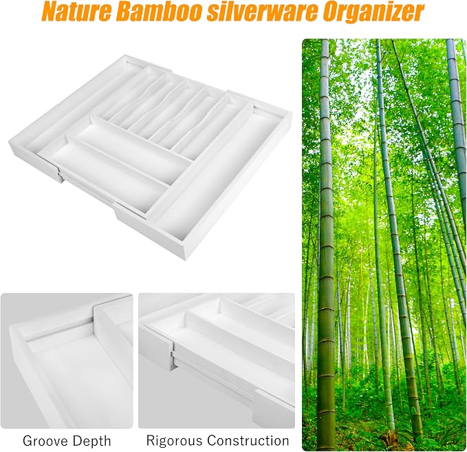 Large Premium Bamboo Silverware Organizer - Expandable Utensil Drawer Organizer - 17"x19.6" Utensil Holder and Cutlery Tray with Grooved for Kitchen Flatware and Utensils(7-9 Slot, White)