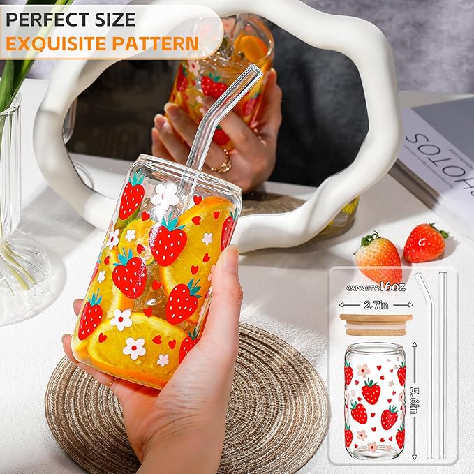 Glass Cups with Lids and Straws with Design Strawberry 4 pcs,Clear Glass Cups 16 oz-DWTS Drinking Glasses Set,Glass Tumbler,Cute Design Glass Iced Coffee Cups with Lids and Straws 480ml