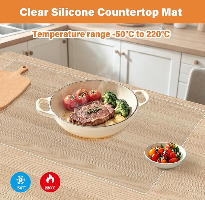 Clear Silicone Mats for Kitchen Counter Protection, 23.6 x 15.7in | Silicone heat resistant mat for kitchen counter, easy to clean, non-slip, transparent kitchen countertop protector mat