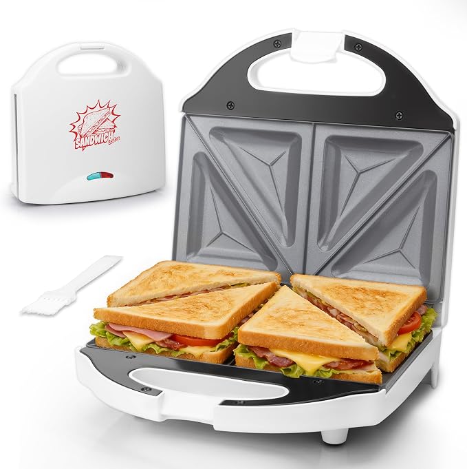 AshGlen Ceramic Breakfast Sandwich Maker Press 2 Slices, Mini Sandwich Press, Grilled Cheese Maker, Tostadora De Pan Sandwichera, Sandwichera Electrica, Sandwich Toaster, Ceramic Coating, White