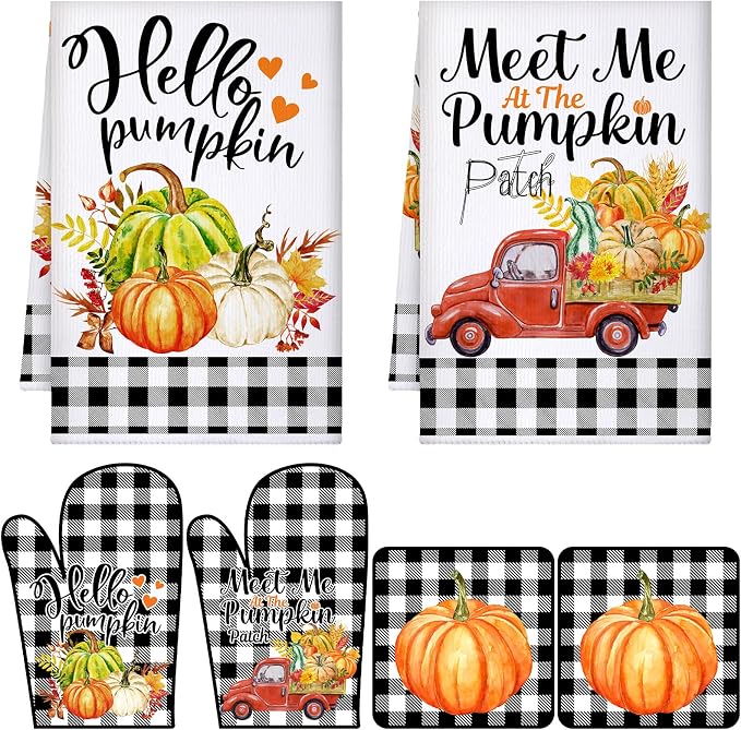 Leinuosen 6 Pack Fall Thanksgiving Kitchen Set with 2 Hello Pumpkin Dish Towels, 2 Buffalo Plaid Pot Holders and 2 Car Oven Mitts for Gifting, Baking, and Cooking Accessories