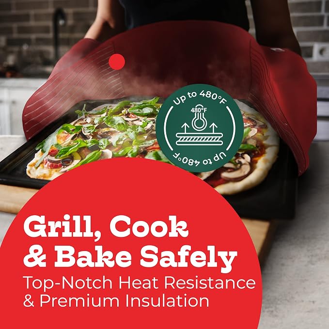 Red Double Oven Mitt Kitchen Protection, Pack of 1 34x7.5 inches Heat Resistant Cotton, Professional Grade with Terrycloth Lining