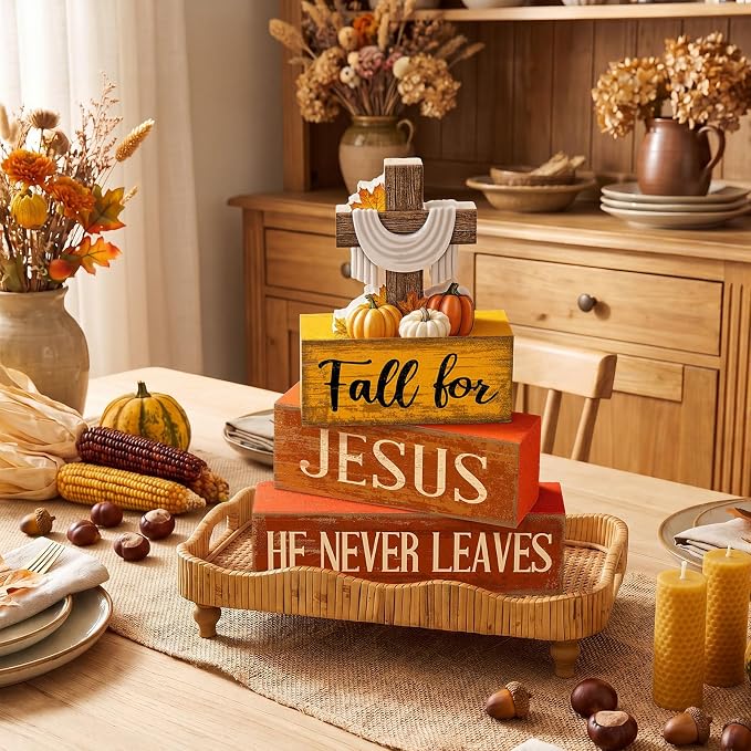 Lineshading 4 Pcs Fall Decoration For Home Fall Religious Wooden Signs | Religious Cross with Pumpkins, Rustic Block Signs for Home, Faith-based Autumn Centerpiece, Thanksgiving Gift, Stackable