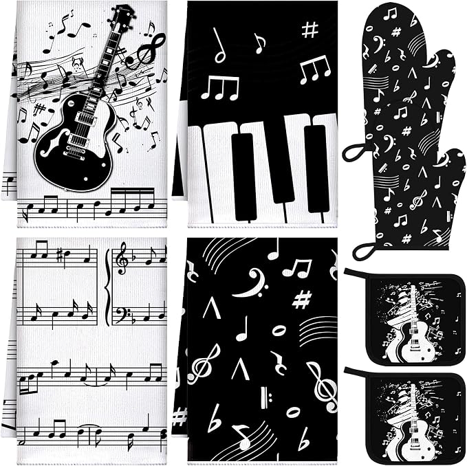 Leinuosen 8 Pcs Music Note Kitchen Decor Accessories Set Farmhouse Towels Oven Mitts Pot Holders Dishcloths Set Kitchen Decorative Absorbent Potholders for Chef Baking Cooking