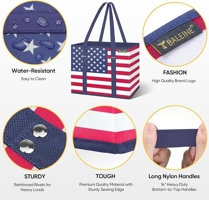 BALEINE 3PK Reusable Grocery Bags, Heavy Duty Shopping Tote Bag | 12'' Long Handles, Reinforced Bottom Keeps Upright, Fold Flat Storage, Water-Resistant Shopping Bag, Multiple Color Options